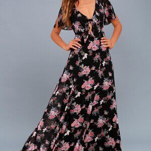 Lulus Wings Of Love Black Floral Print Maxi Dress - Size Small